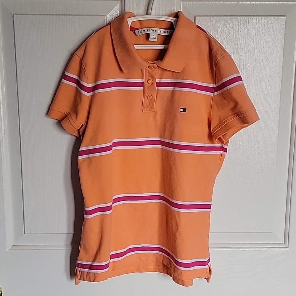 Tommy Hilfiger boys medium polo shirt. Coral, pink and white striped.